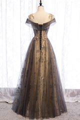 Grey A-line Tulle and Lace Long Prom Dress