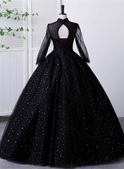 Vestido negro de tul con escote alto y mangas largas para quinceañeras