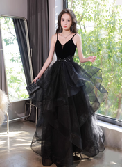 Black Tulle Straps V-neckline Beaded Long Formal Dress