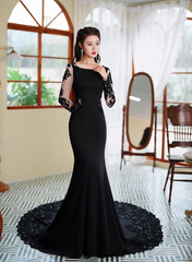 Black Mermaid Long Sleeves with Lace Wedding Party Dress