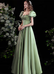 A-line Satin Green Short Sleeves Beaded Party Dress