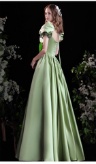 A-line Satin Green Short Sleeves Beaded Party Dress