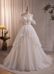 A-line Ivory Beaded Tulle Long Wedding Party Dress
