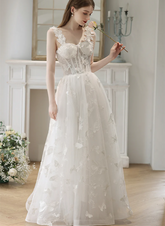 White Straps Lace Sweetheart Long Formal Dress