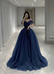 A-line Sweetheart Tulle Navy Blue Shiny Tulle Party Dress