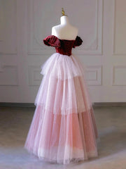 Vestido de fiesta con espalda baja, corte A, capas de tul y terciopelo rosa