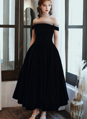 Off Shoulder Black Velvet Party Dress