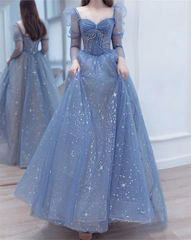 Blue Long Sleeves Sweetheart Beaded Tulle Formal Dress