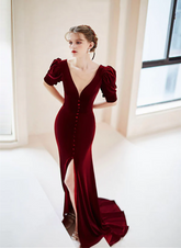 Wine Red Velvet V-neckline Long Evening Dress
