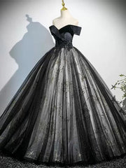 Black Tulle with Lace Off Shoulder Party Dress