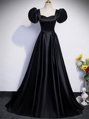 Vestido de fiesta negro de satén con hombros descubiertos y corte en A