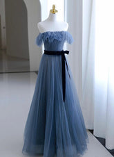 Blue Tulle A-line Off Shoulder Long Party Dress