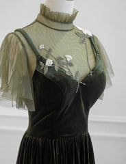 Vestido largo de fiesta de boda de terciopelo verde con corte A