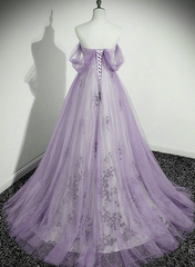 Vestido de fiesta lavanda de tul con hombros descubiertos, corte A y cuentas