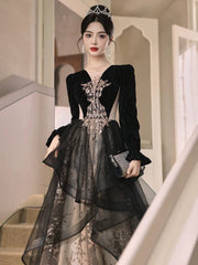 A-line Black Tulle with Lace Applique Party Dress