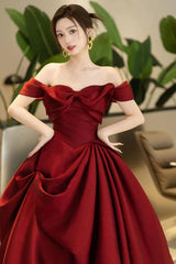 Wine Red Satin Sweetheart Off Shoulder Party Dress With Bow