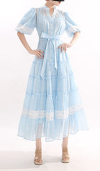 Jerilyn Dreamy Blue Lace Puff-Sleeve Tiered Midi Dress for Women