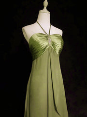 Vestido de fiesta largo de satén y gasa con cuello halter y corte A