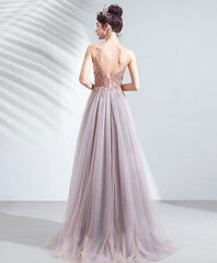 Pink Chic Tulle Slit V-neckline Beaded Party Dresses