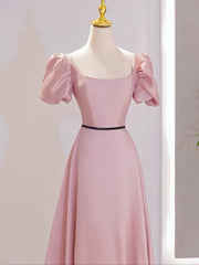 Vestido de fiesta rosa de corte A con mangas cortas y largo hasta el suelo
