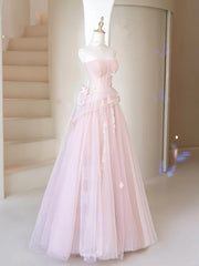 Vestido de tul con escote en forma de A, sin tirantes, color rosa y con encaje