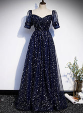Vestido de fiesta azul marino sencillo de tul con mangas cortas