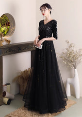 Black A-line Sequins and Tulle Long Formal Dress