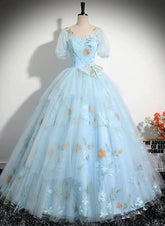 Beautiful Blue Tulle Short Sleeves Sweet 16 Dress with Bow