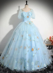Beautiful Blue Tulle Short Sleeves Sweet 16 Dress with Bow