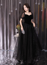 A-line Black Tulle and Velvet Short Sleeves Prom Dress