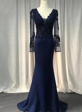 Vestido de noche de sirena con mangas largas de spandex azul marino