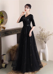 Black A-line Sequins and Tulle Long Formal Dress