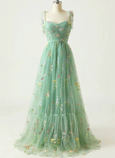 A-line Green Straps Sweetheart Floral Tulle Prom Dress