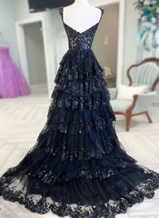 Vestido de fiesta azul marino de tul con escote en forma de A y escote en forma de corazón