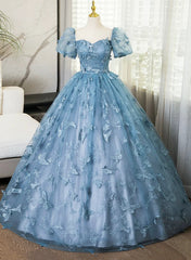 Precioso vestido de fiesta largo de manga corta azul con encaje de mariposa