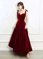 Wine Red Velvet Straps Sweetheart Long Prom Dress