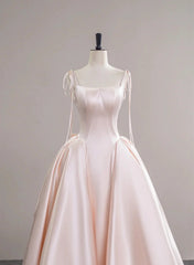 Pink Satin Straps Long Formal Dress with Bow