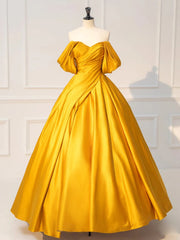 Gold Satin Floor Length Off Shoulder Party Dress