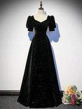 A-line Black Shiny Velvet Short Sleeves Prom Dress