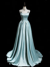 A-line Blue Satin Straps Long Prom Dress