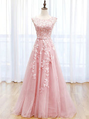 Precioso vestido de fiesta largo con escote redondo de tul rosa