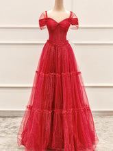 Vestido de fiesta rojo de tul brillante, largo hasta el suelo, corte A