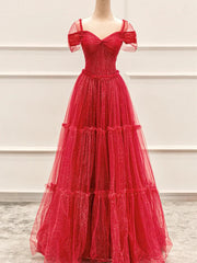 Vestido de fiesta rojo de tul brillante, largo hasta el suelo, corte A