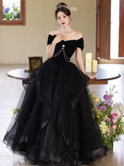 Vestido de fiesta largo de tul y terciopelo negro con escote en forma de corazón, vestido de fiesta negro de manga corta