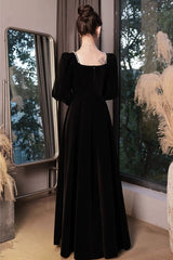 A-line Black Velvet Long Sleeves Simple Style Prom Dress