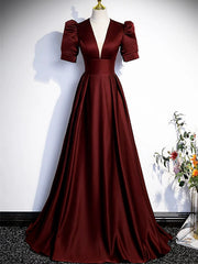 A-line Short Sleeves V-neckline Satin Prom Dress