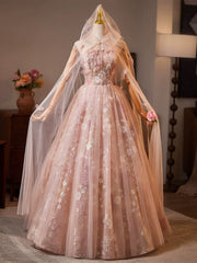 Vestido de fiesta largo hasta el suelo de tul rosa con encaje y corte en A