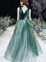 Vestido de noche largo de tul verde de corte A para fiesta