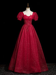 Wine Red Beaded Short Sleevs A-line Party Dress