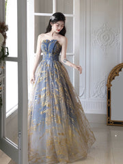A-line Blue Gradient Tulle Scoop Long Party Dress